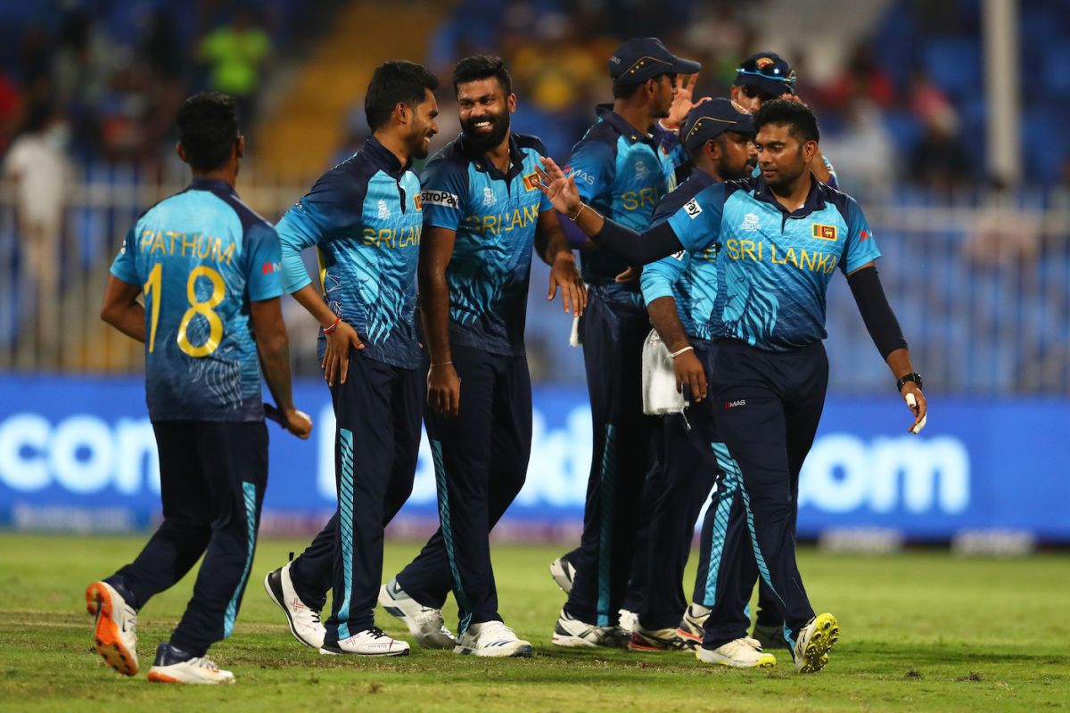 The Sri Lankan players celebrate after knocking Netherlands over in ten overs, Netherlands vs Sri Lanka, T20 World Cup, Sharjah, October 22, 2021