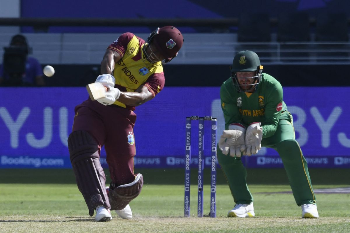Evin Lewis powers one towards midwicket, South Africa vs West Indies, T20 World Cup, Group 1, Dubai, October 26, 2021