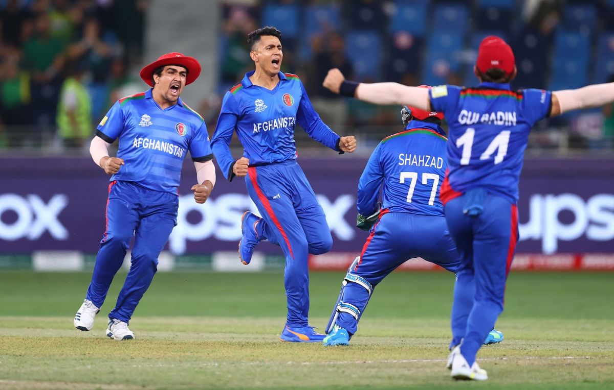 Mujeeb Ur Rahman takes off in celebration after getting Mohammad Rizwan, Afghanistan vs Pakistan, T20 World Cup, Group 2, Dubai, October 29, 2021