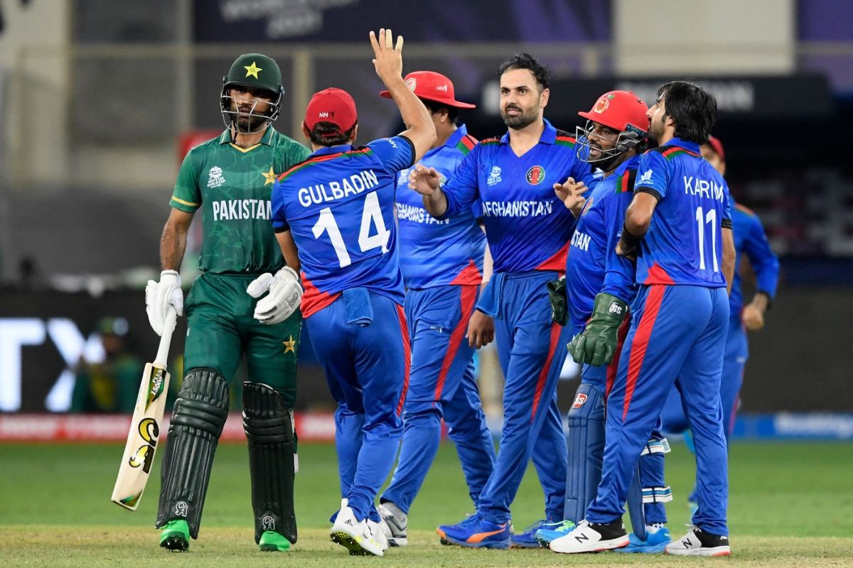 Afghanistan players celebrate after Mohammad Nabi dismissed Fakhar Zaman, Afghanistan vs Pakistan, T20 World Cup, Group 2, Dubai, October 29, 2021