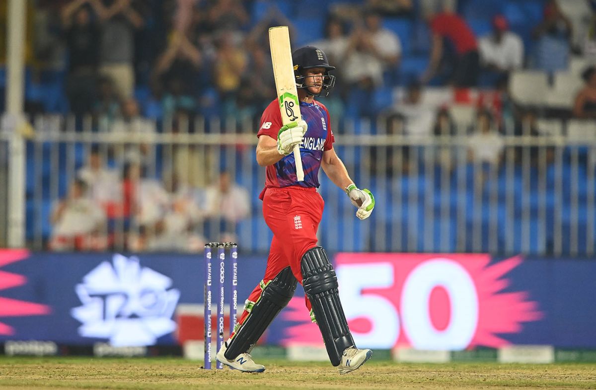 Jos Buttler celebrates his half-century, England vs Sri Lanka, Men's T20 World Cup, Super 12s, Sharjah, November 1, 2021