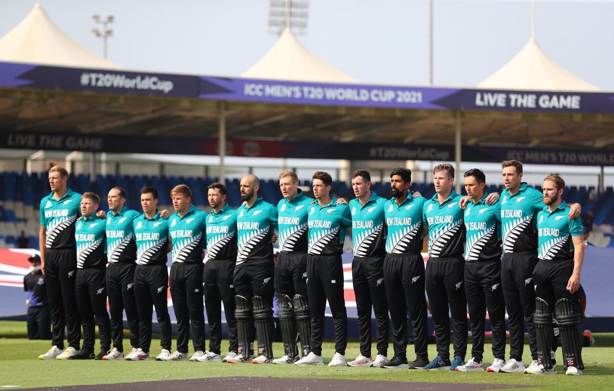 New Zealand players line up for the national anthem, Namibia vs New Zealand, T20 World Cup, Group 2, Sharjah, November 5, 2021