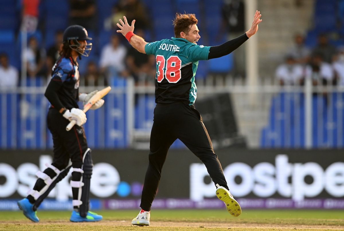 Tim Southee appeals successfully for the wicket of David Wiese, Namibia vs New Zealand, T20 World Cup, Group 2, Sharjah, November 5, 2021