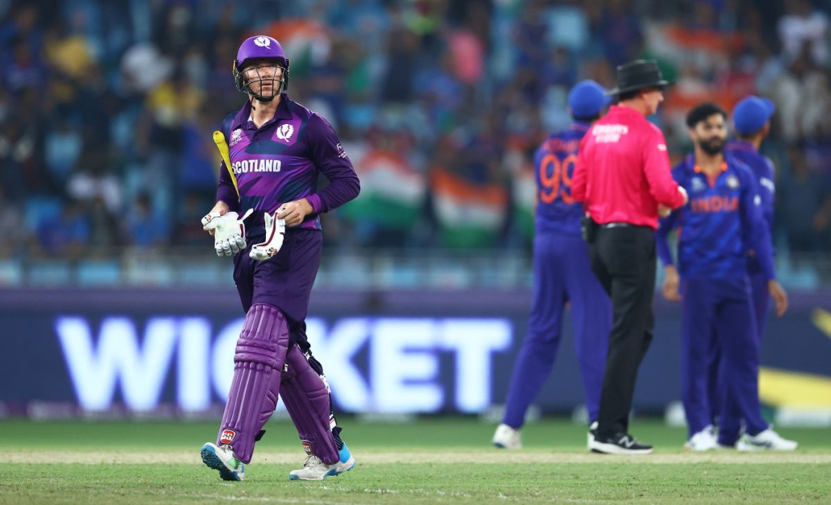 Richie Berrington walks off after bagging a duck, India vs Scotland, Men's T20 World Cup 2021, Super 12s, Dubai, November 5, 2021