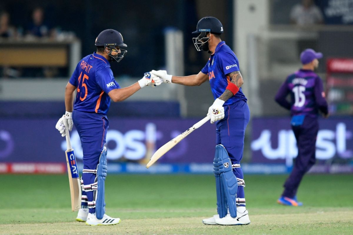 Rohit Sharma and KL Rahul bump fists, India vs Scotland, Men's T20 World Cup 2021, Super 12s, Dubai, November 5, 2021