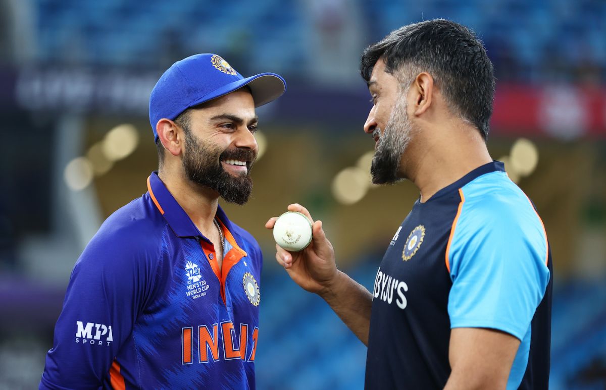 Virat Kohli and MS Dhoni share a laugh, India vs Namibia, T20 World Cup, Group 2, Dubai, November 8, 2021