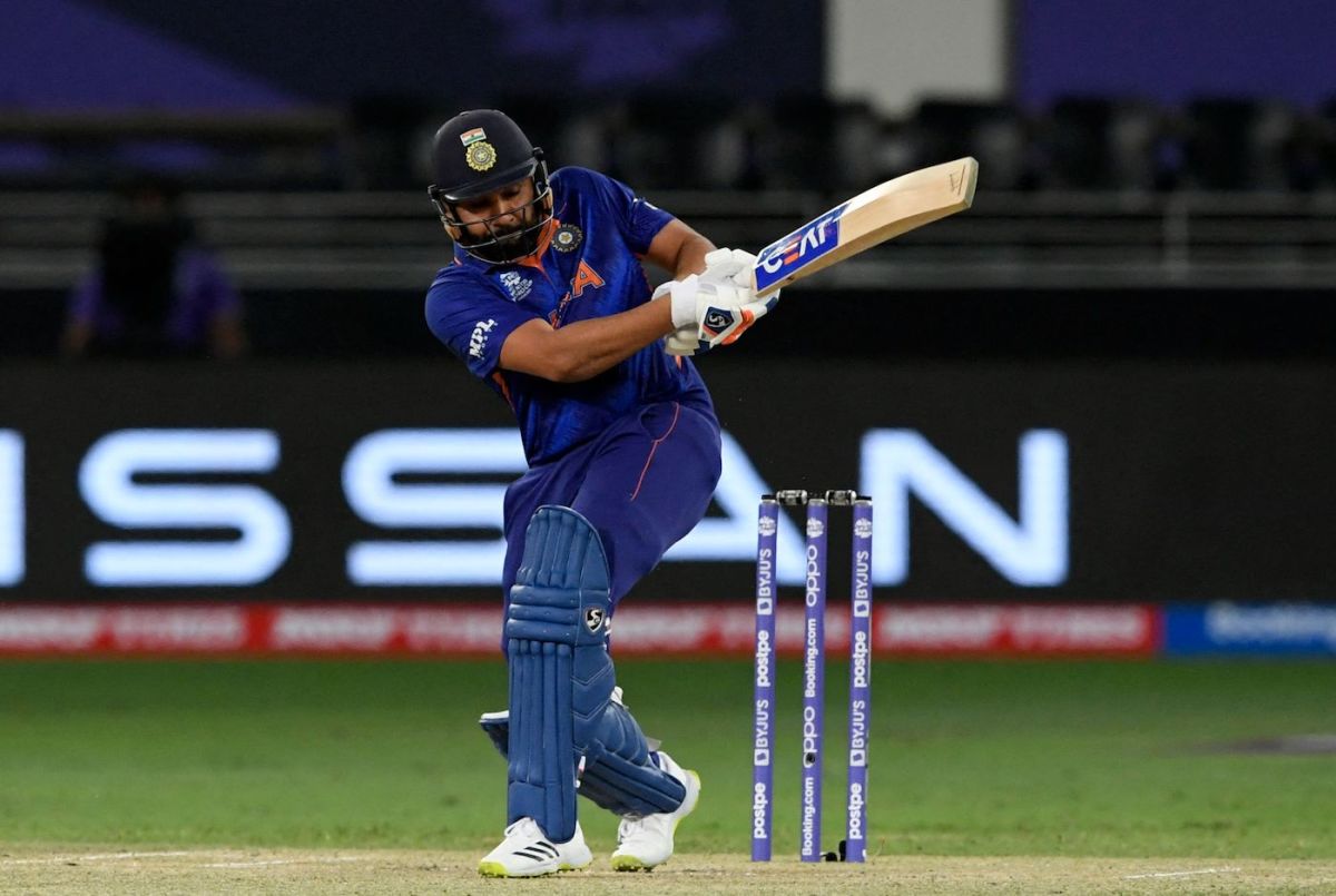 Rohit Sharma swings the ball towards deep square-leg, India vs Namibia, T20 World Cup, Group 2, Dubai, November 8, 2021