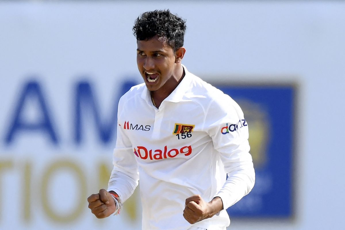 Praveen Jayawickrama celebrates after his long spell resulted in a wicket, Sri Lanka vs West Indies, 1st Test, Galle, 2nd day, November 22, 2021