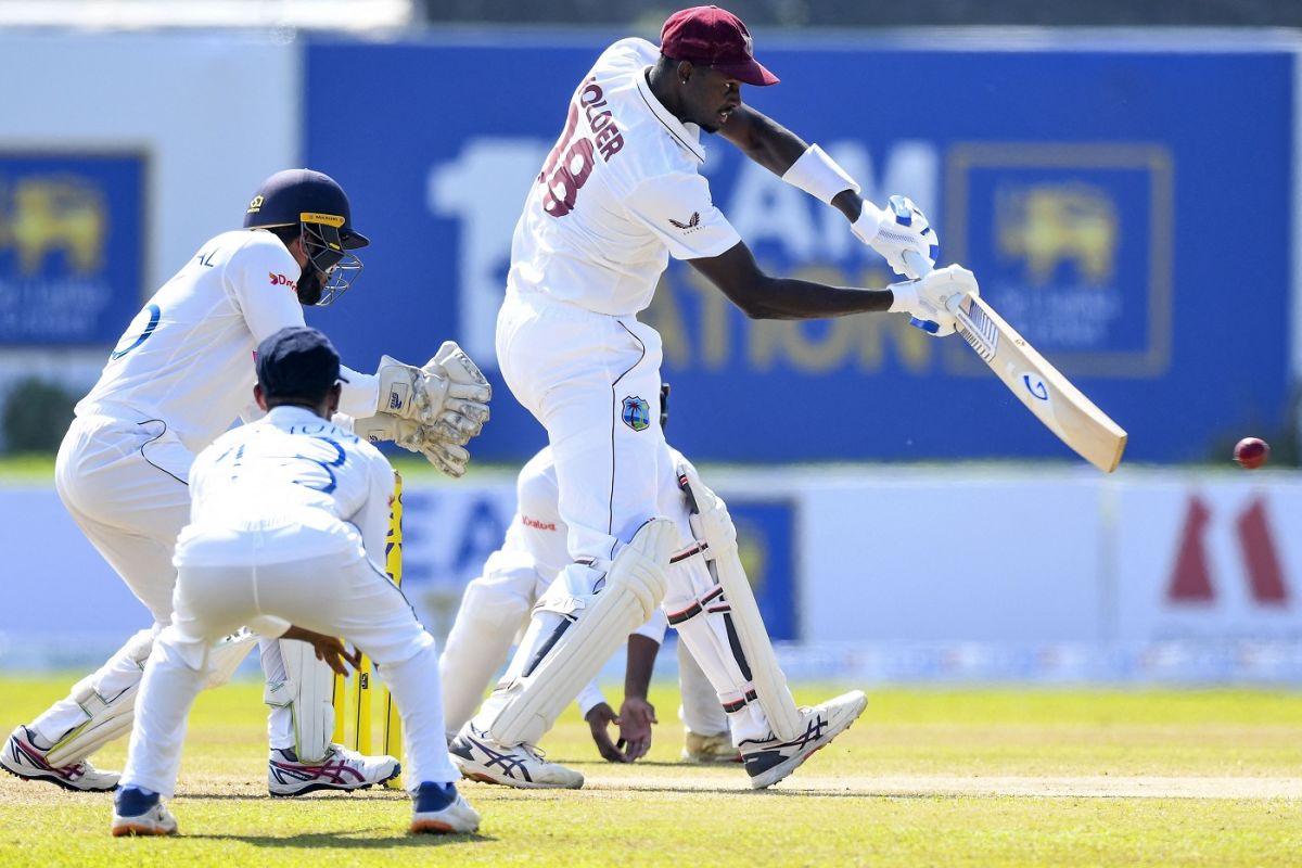 Jason Holder drives at the ball, Sri Lanka vs West Indies, 1st Test, Galle, 3rd day, November 23, 2021