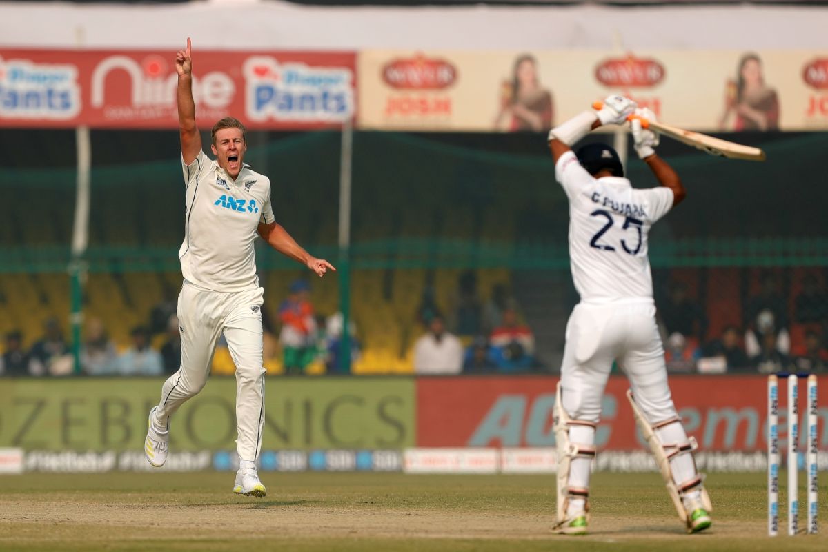 Kyle Jamieson appeals for the wicket of Cheteshwar Pujara, India vs New Zealand, 1st Test, Kanpur, 4th day, November 28, 2021