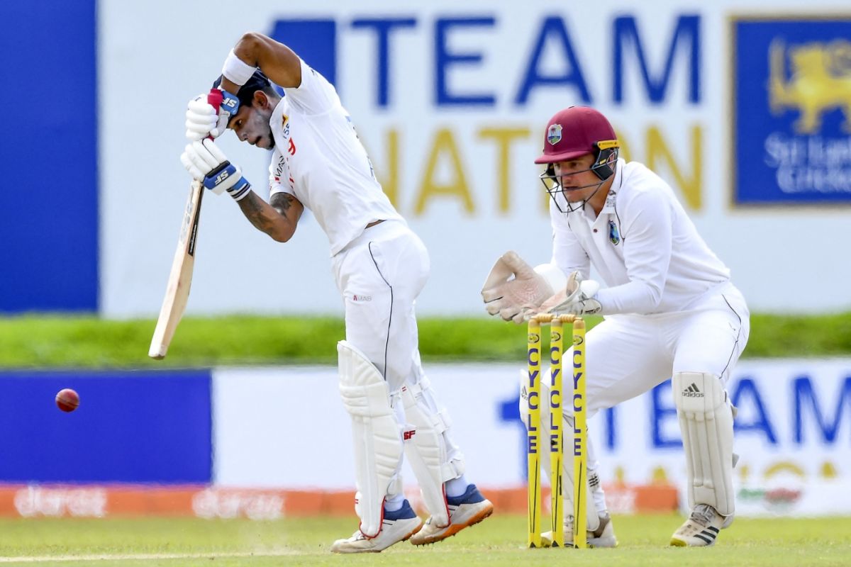 Pathum Nissanka gets the elbow up high to defend, Sri Lanka vs West Indies, 2nd Test, Galle, 2nd day, November 30, 2021