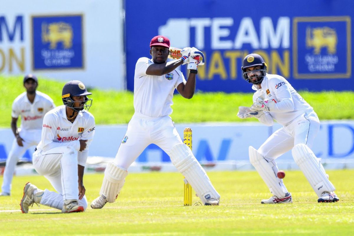 Nkrumah Bonner goes deep in his crease to play a pull, Sri Lanka vs West Indies, 2nd Test, Galle, 3rd day, December 1, 2021