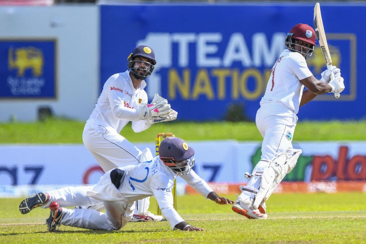 Kyle Mayers plays the ball past the leg-slip fielder, Sri Lanka vs West Indies, 2nd Test, Galle, 3rd day, December 1, 2021