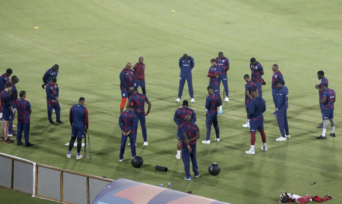 The West Indies players pray ahead of a practice session, Karachi, before they play the first T20I against Pakistan December 11, 2021