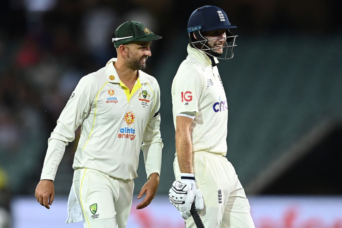 Smiling now: Nathan Lyon and Joe Root exchange pleasantries, Australia vs England, 2nd Test, The Ashes, Adelaide, 2nd day, December 17, 2021