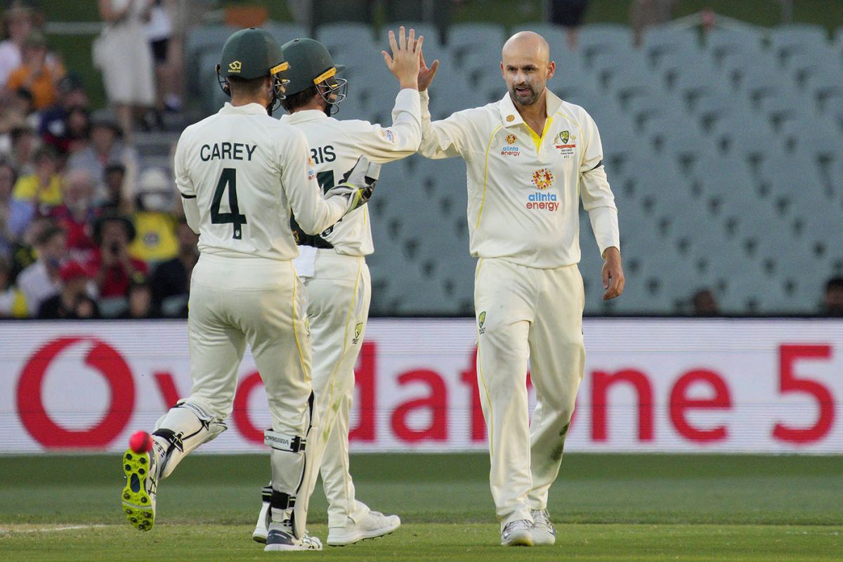 Nathan Lyon celebrates the wicket of Chris Woakes, Australia vs England, 2nd Test, The Ashes, Adelaide, 3rd day, December 18, 2021