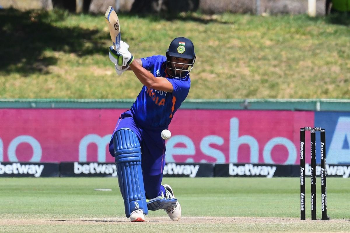 Shikhar Dhawan lays into a drive, South Africa vs India, 1st ODI, Paarl, January 19, 2022