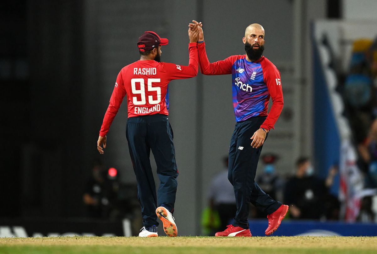 Moeen Ali and Adil Rashid broke through in the middle overs, West Indies vs England, 4th T20I, Bridgetown, January 29, 2022