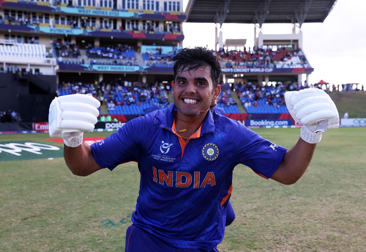 Nishant Sindhu celebrates the moment of victory, India vs England, Under-19 World Cup final, North Sound, February 5, 2022