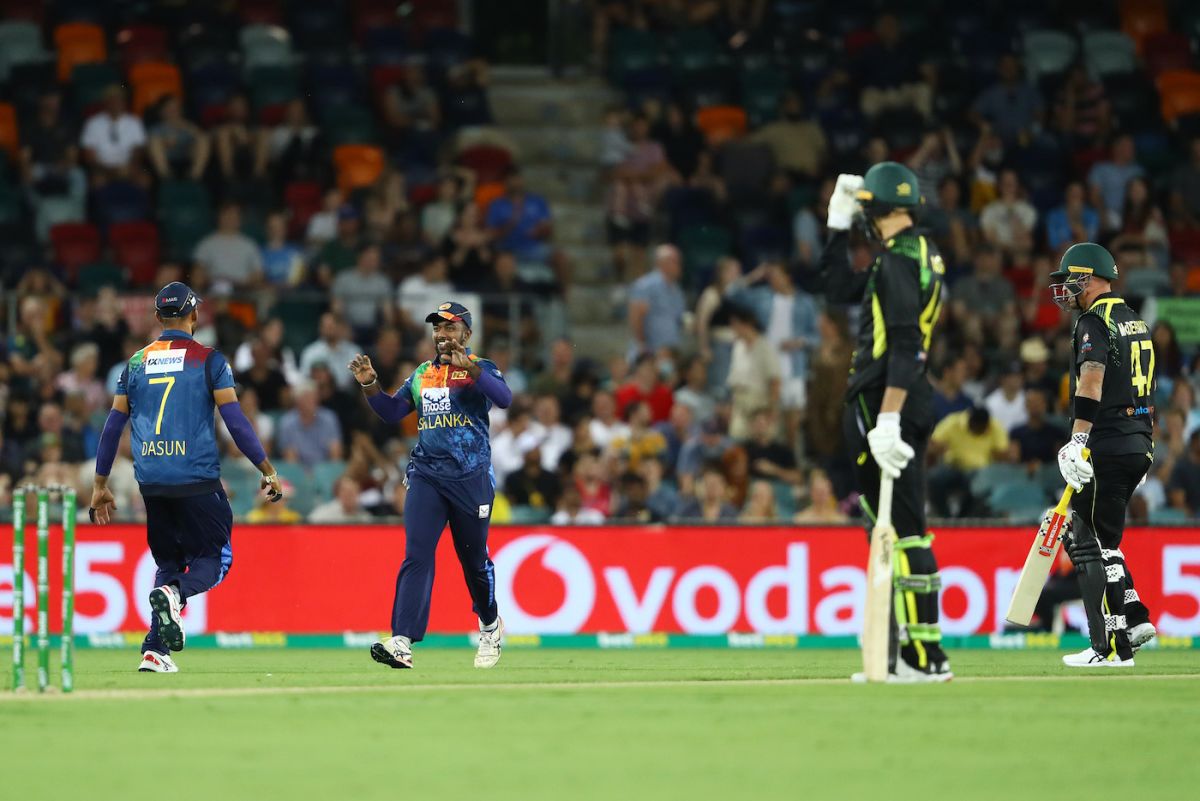 The Sri Lankans celebrate the first-ball dismissal of Ben McDermott, Australia vs Sri Lanka, 3rd T20I, Canberra, February 15, 2022