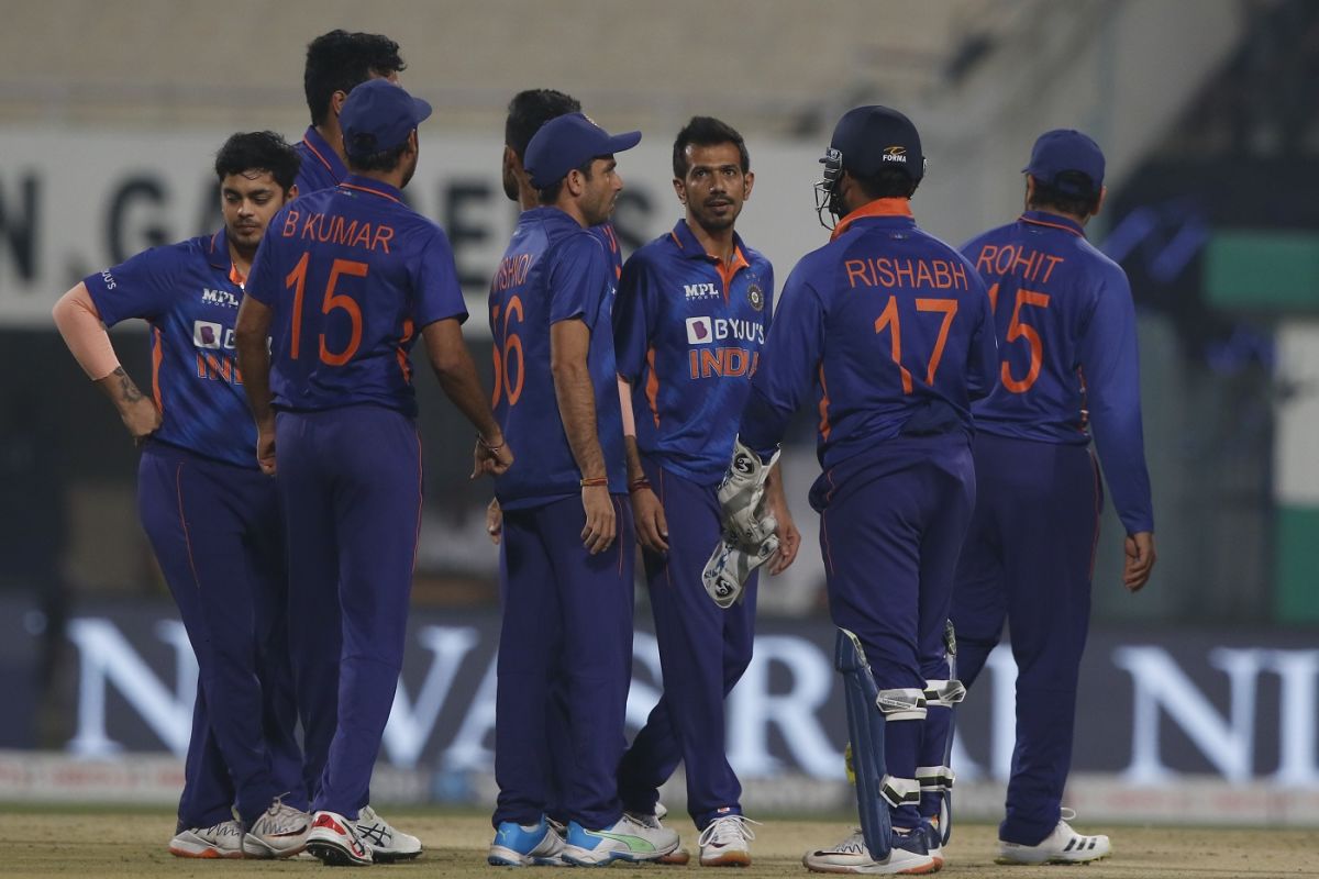 Yuzvendra Chahal is mobbed by his team-mates, India vs West Indies, 2nd T20I, Kolkata, February 18, 2022