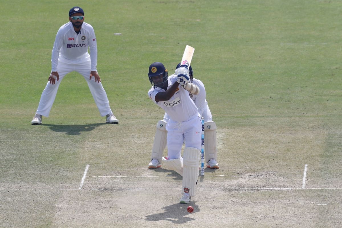 Angelo Mathews strikes one down the ground, India vs Sri Lanka, 1st Test, Mohali, 3rd day, March 6, 2022
