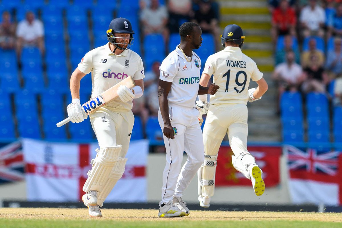 Jonny Bairstow and Chris Woakes run between the wickets, West Indies vs England, 1st Test, Antigua, 2nd day, March 9, 2022