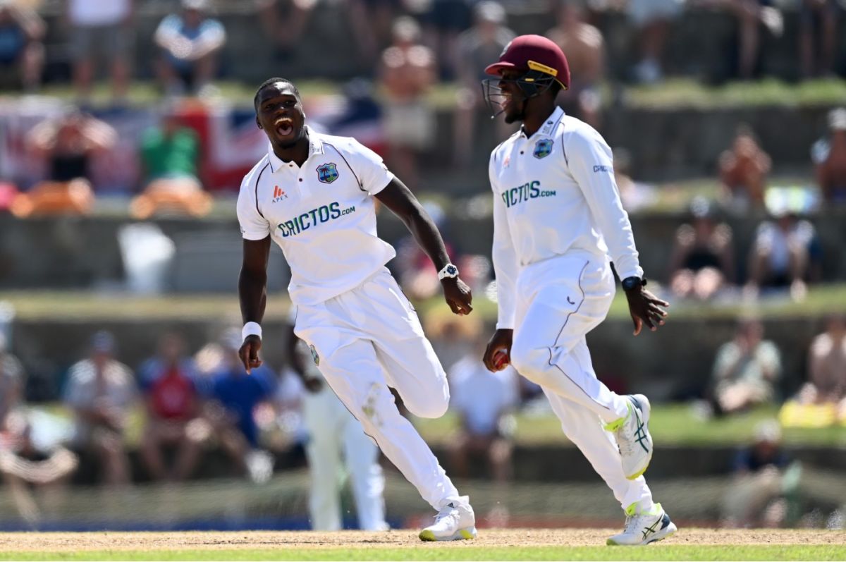 Jayden Seales celebrates another of his four wickets, West Indies vs England, 1st Test, Antigua, 2nd day, March 9, 2022