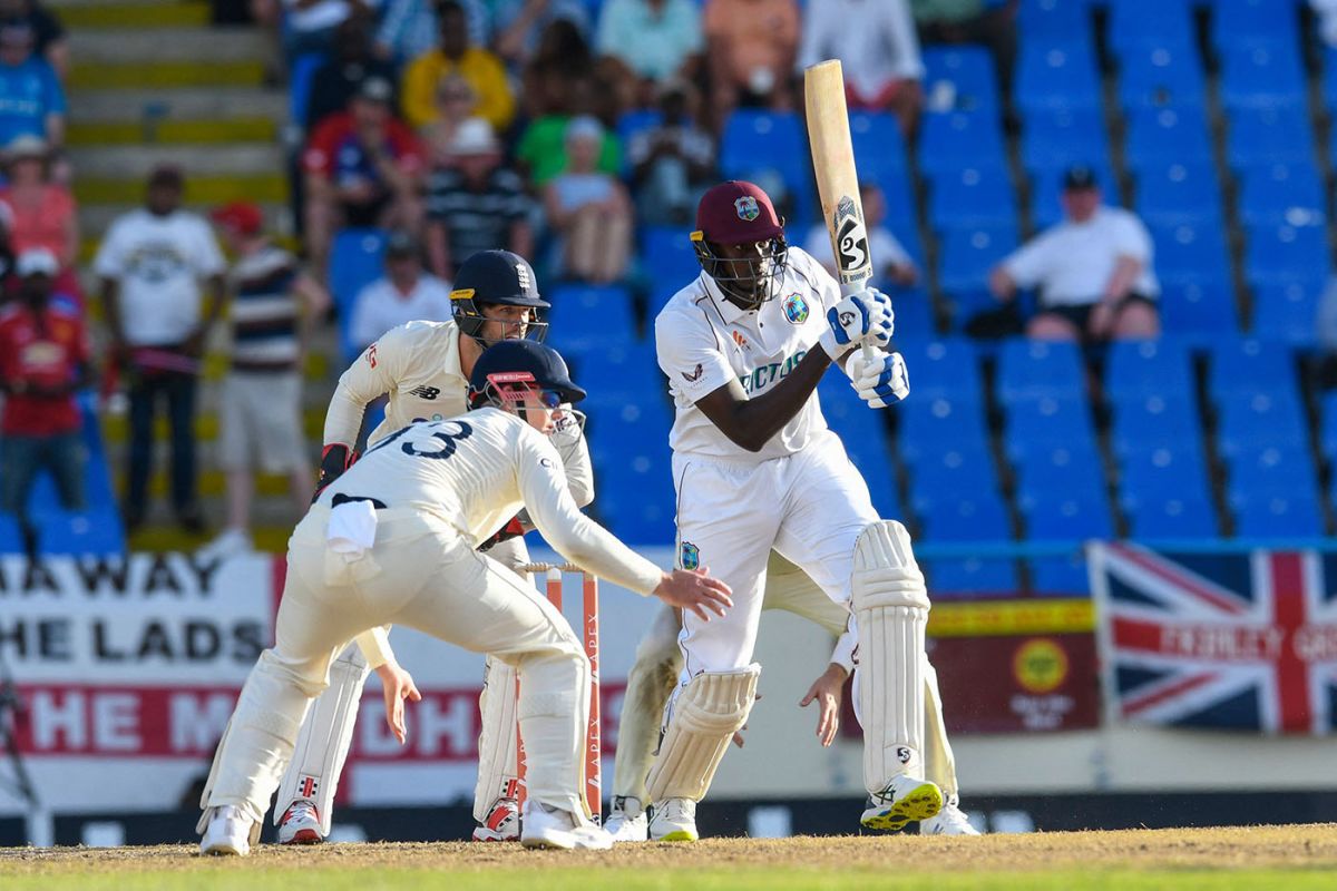 Jason Holder plays defensive, West Indies vs England, 1st Test, Antigua, 2nd day, March 9, 2022