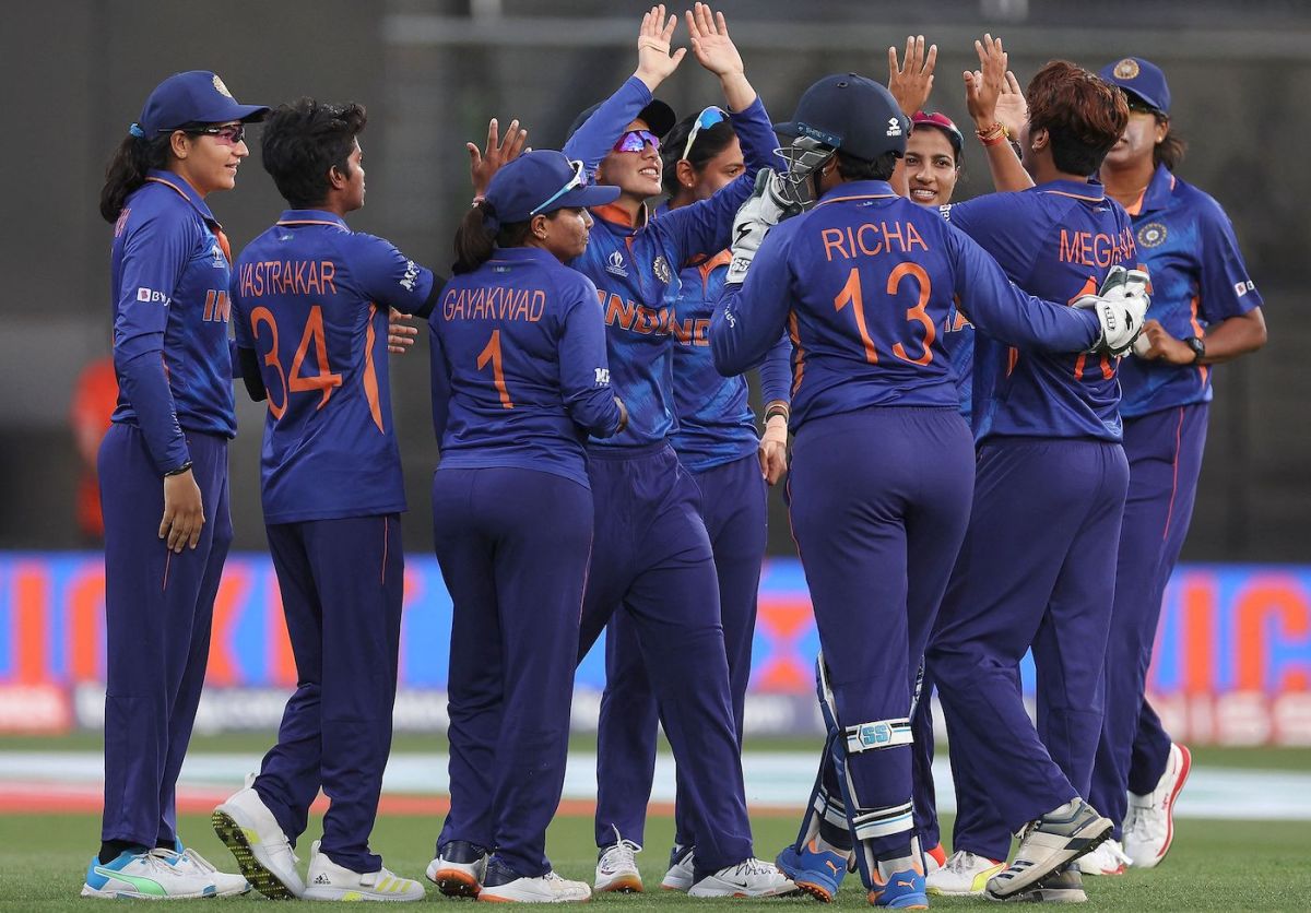 The Indian players celebrate after Kycia Knight's fall, India vs West Indies, Women's World Cup 2022, Hamilton, March 12, 2022