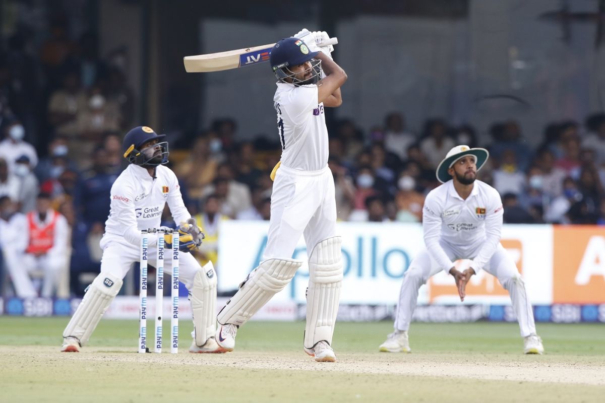 Shreyas Iyer launches one over long on, India vs Sri Lanka, 2nd Test, Day 1, Bengaluru, March 12, 2022
