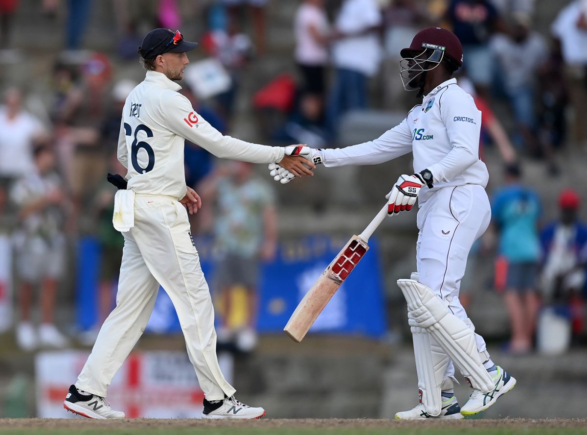 WI vs ENG: Joe Root and Nkrumah Bonner shake hands on the draw, West Indies vs England, 1st Test, Antigua, 5th day, March 12, 2022