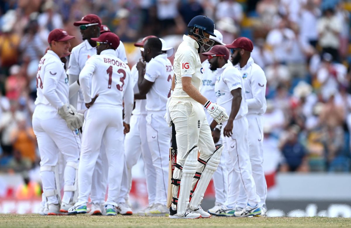 Joe Root fell to Kemar Roach after lunch, West Indies vs England, 2nd Test, Kensington Oval, Barbados, 2nd day, March 17, 2022