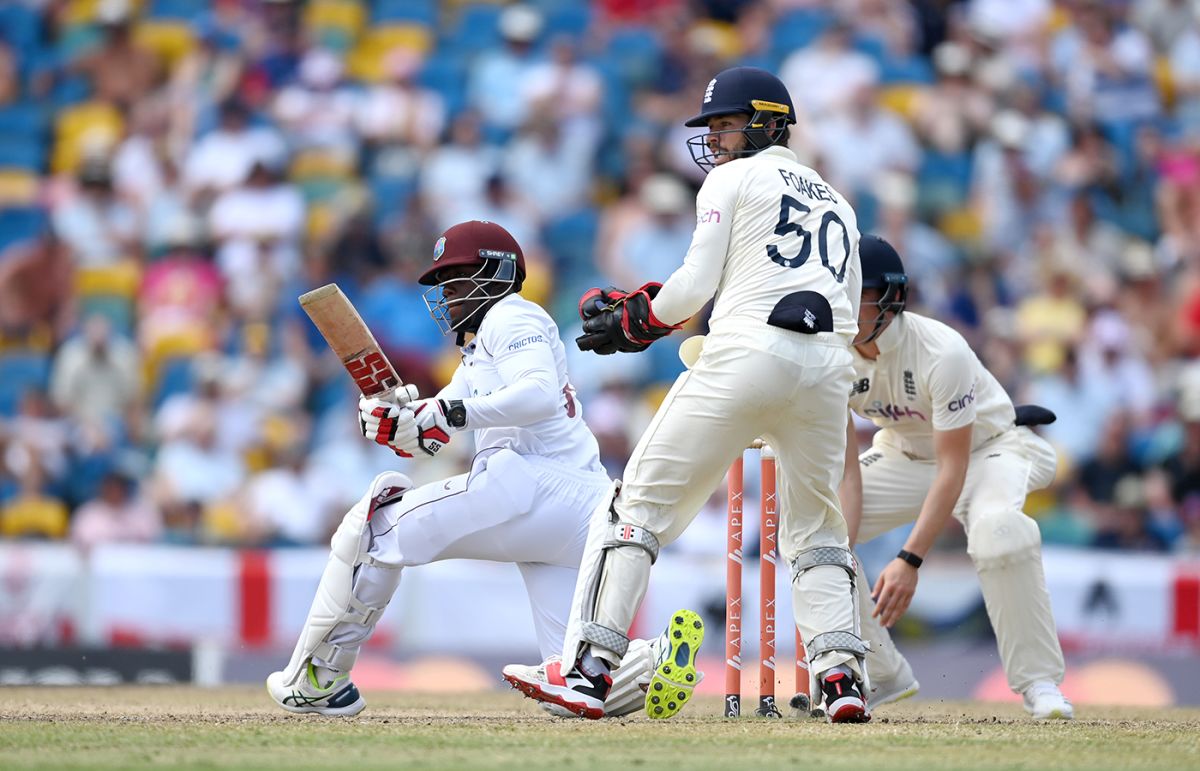 Nkrumah Bonner rolls out the sweep, West Indies vs England, 2nd Test, Kensington Oval, Barbados, 3rd day, March 18, 2022