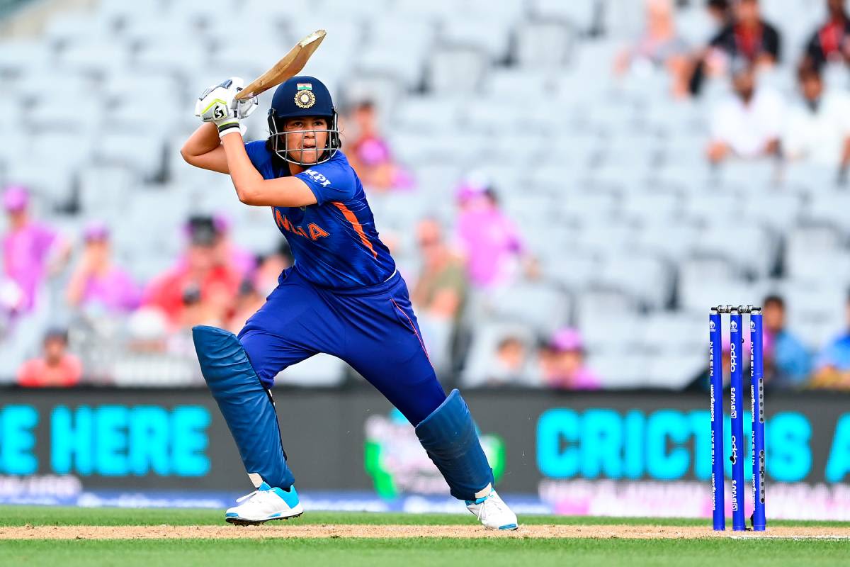 Yastika Bhatia drills one through the off side, India v Australia, Women's World Cup, Auckland, March 19, 2022
