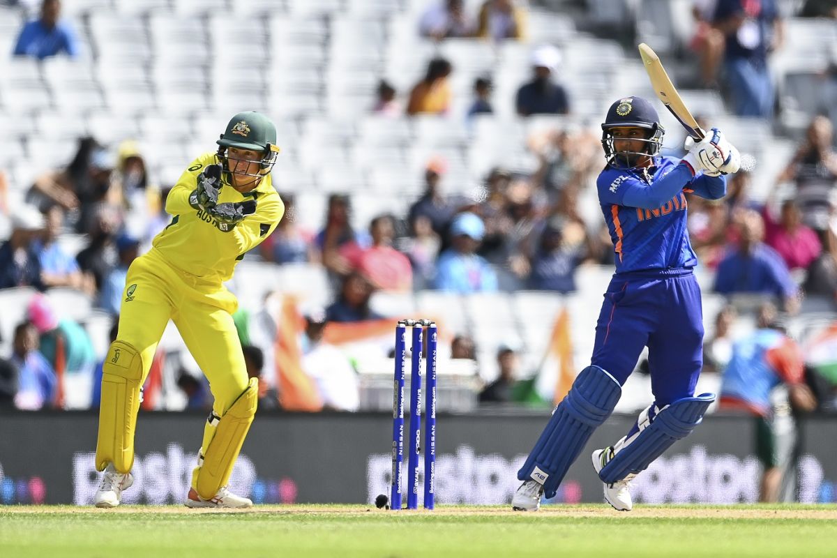 Mithali Raj en route to her 12th fifty-plus score at the ODI World Cup, India v Australia, Women's World Cup, Auckland, March 19, 2022
