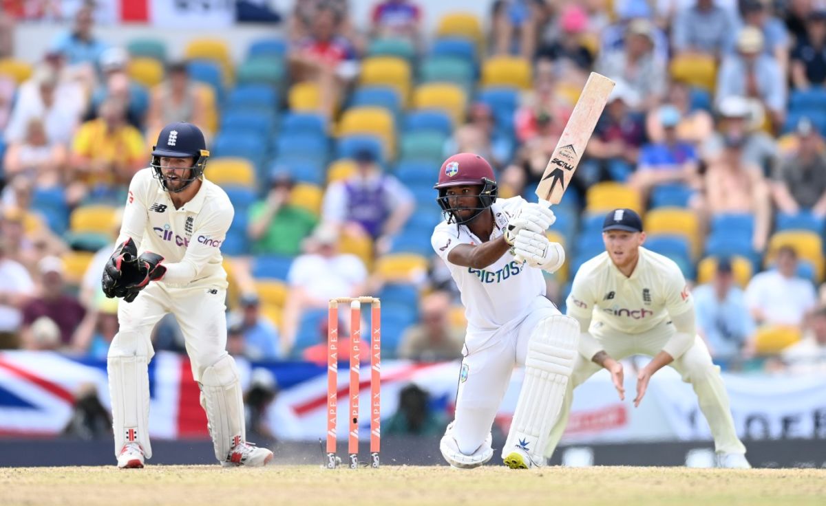 Kraigg Brathwaite drives through the covers, West Indies vs England, 2nd Test, Kensington Oval, Barbados, 4th day, March 19, 2022
