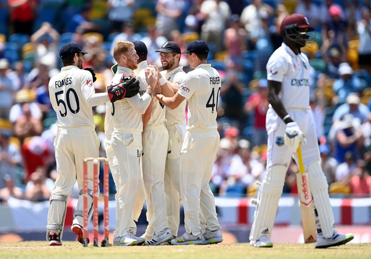 Ben Stokes celebrates with team-mates after dismissing Alzarri Joseph, West Indies vs England, 2nd Test, Kensington Oval, Barbados, 4th day, March 19, 2022