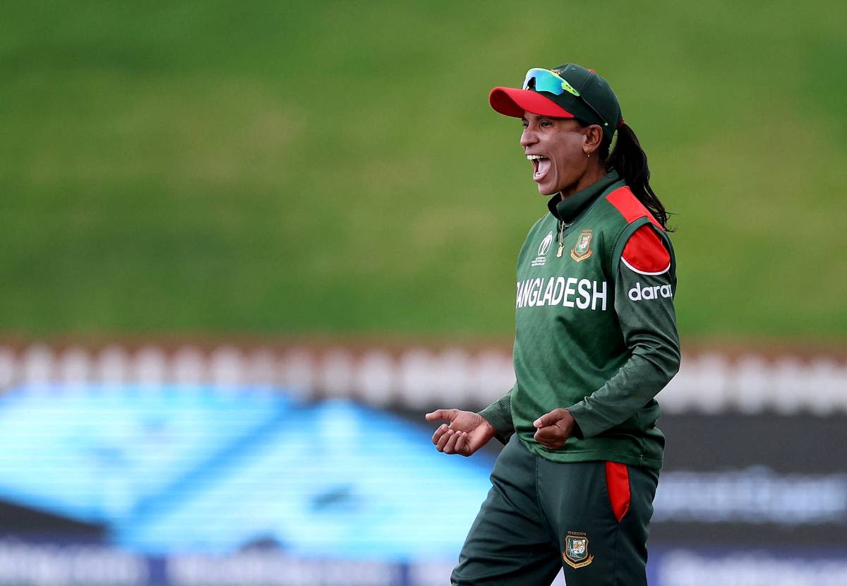 Salma Khatun celebrates the wicket of Meg Lanning, Bangladesh v Australia, Women's World Cup, Wellington, March 25, 2022