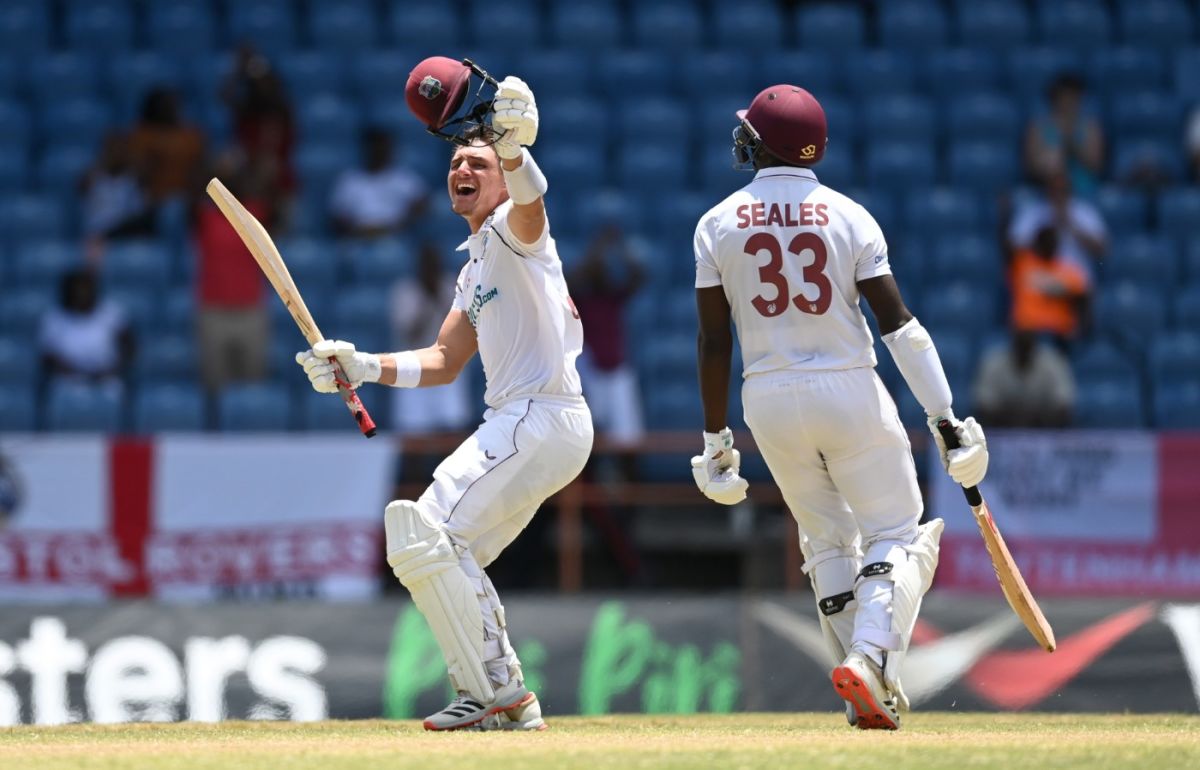 Joshua da Silva celebrates his maiden Test century, West Indies vs England, 3rd Test, Grenada, 3rd day, March 26, 2022