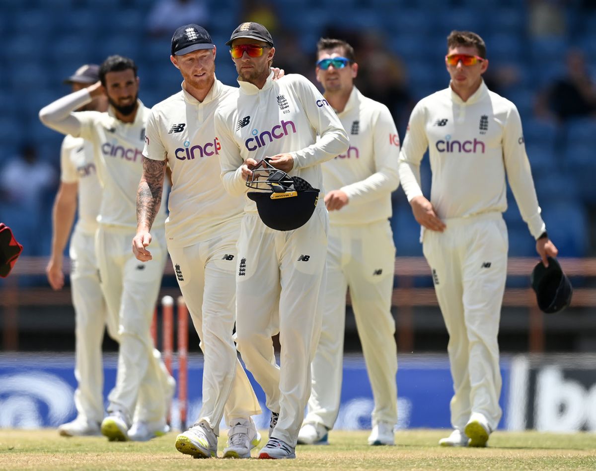 Ben Stokes puts his arm around Joe Root after England's defeat, West Indies vs England, 3rd Test, Grenada, 4th day, March 27, 2022