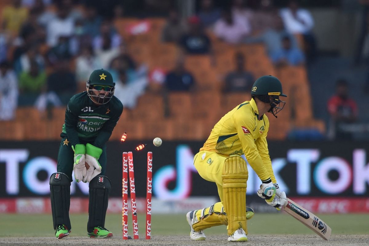 Alex Carey is bowled around his legs for 4, Pakistan vs Australia, 1st ODI, Lahore, March 29, 2022