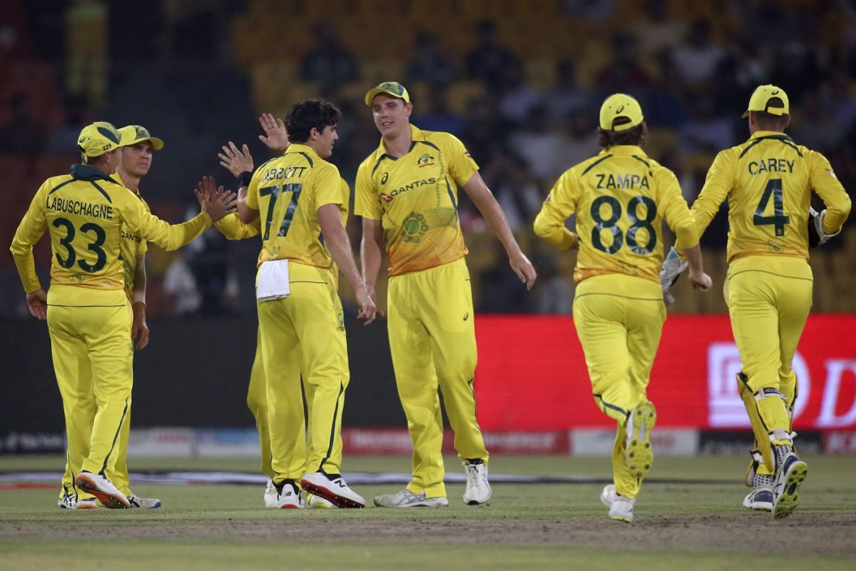 The Australian team celebrate the wicket of Fakhar Zaman, Pakistan vs Australia, 1st ODI, Lahore, March 29, 2022