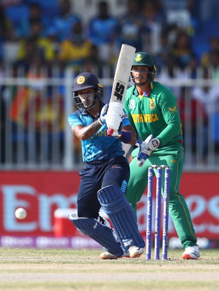 Pathum Nissanka swings the ball away to the leg side