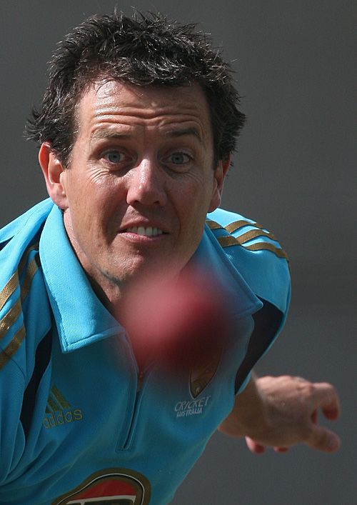 Bryce McGain fizzes one through in the nets