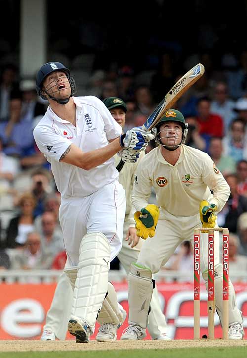 Andrew Flintoff lofts down to long-on after a brief flurry ...