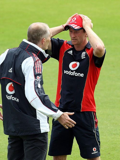 Captain Paul Collingwood during a pitch inspection at Stormont