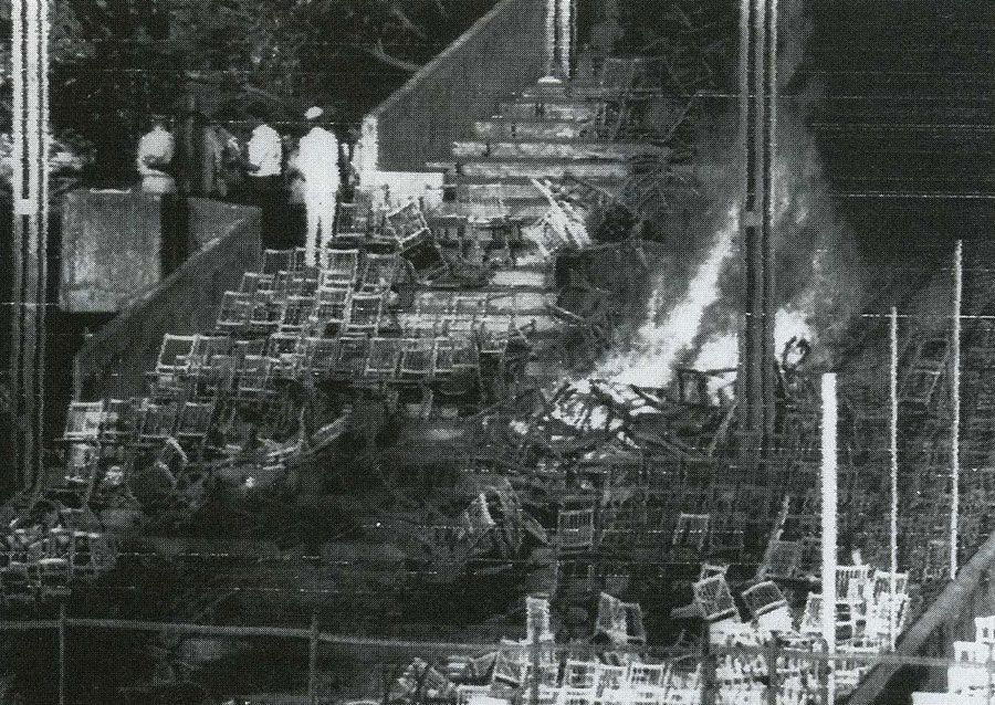 Stands burn at the end of the fourth day of the first Test between ...
