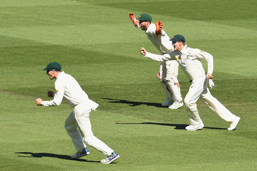 The Australian slip cordon is jubilant after Mohammad Amir's wicket