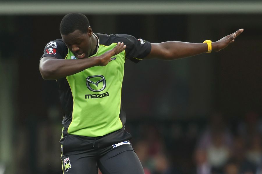 Carlos Brathwaite brings out the dab after taking a wicket